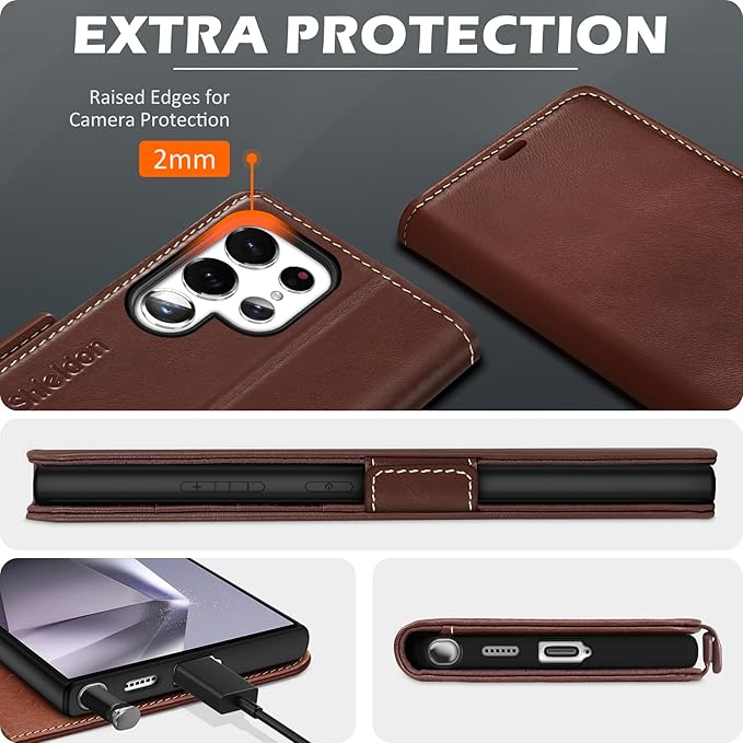 SHIELDON Case for Galaxy S25 Ultra 5G, Genuine Leather Folio Wallet Magnetic Kickstand RFID Blocking Card Slots Shockproof Protective Cover Compatible with Galaxy S25 Ultra 6.9" 2025 - Retro Coffee