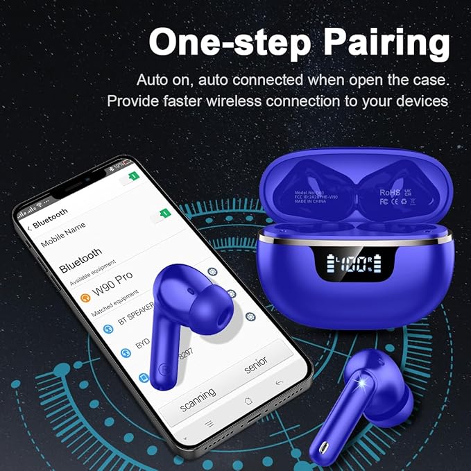 Wireless Earbuds Bluetooth 5.4 Headphones Noise Cancelling, 40H Playtime Bluetooth Ear Bud with Dynamic Drivers Stereo, Sports Earphones Wireless with LED Power Display for Laptop Pad Phones