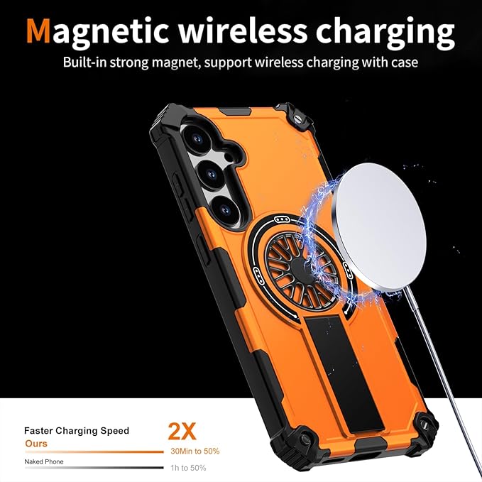 Magnetic Case for Galaxy S24 Plus/S25 Plus, Built-in Stand [Compatible with Mag-Safe] Shockproof Protective Cover Case for Samsung Galaxy S24 Plus/S25 Plus Orange
