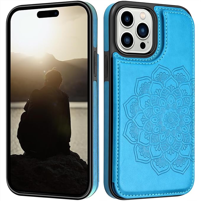 MMHUO for iPhone 15 Pro Case with Card Holder,Flower Magnetic Buttons Protective Wallet Case for Women for iPhone 15 Pro,Blue