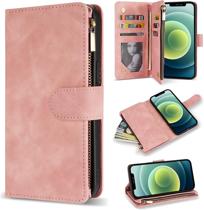 ZZXX for iPhone 12 Mini Wallet Case with Card Slot Premium Soft PU Leather Zipper Flip Folio Wallet with Wrist Strap Kickstand Protective for iPhone 12 Mini Case Wallet(Pink 5.4 inch)