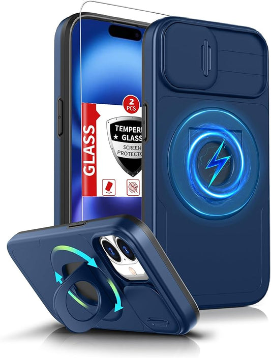 for iPhone 16 Plus Case Magnetic Compatible with MagSafe Wireless Charging with 2 Screen Protectors,Built-in Kickstand Ring Camera Heavy Duty Protection Military Grade Drop Shockproof Blue