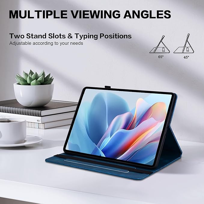 Case for Lenovo Idea Tab Pro 12.7 Inch 2025, Embossed Heart PU Leather Protective Tablet Case with Elastic Band & Card Slots/Holder, Multi-Angle Viewing Stand Cover ，Dark Blue
