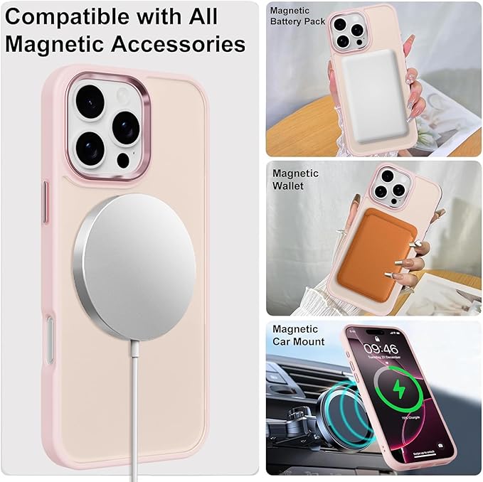ZIYE Baby Pink Case for iPhone 16 Pro Max Case with Stand [Compatible with MagSafe] Slim Heavy Duty Protection Military Grade Shockproof Magnetic Cover with 360 Rotatable Ring Kickstand for Women Men