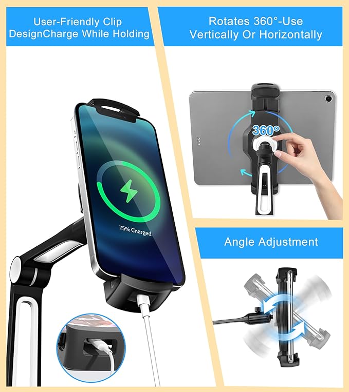 Adjustable Desk Tablet Stand, 360° Swivel iPad Kiosk Stand Fits for 4.7"-12" iPad Air mini Pro, iPhone, Samsung POS, Kindle, Aluminu Alloy Foldable Arm Holder for Store Kitchen Desktop, Black