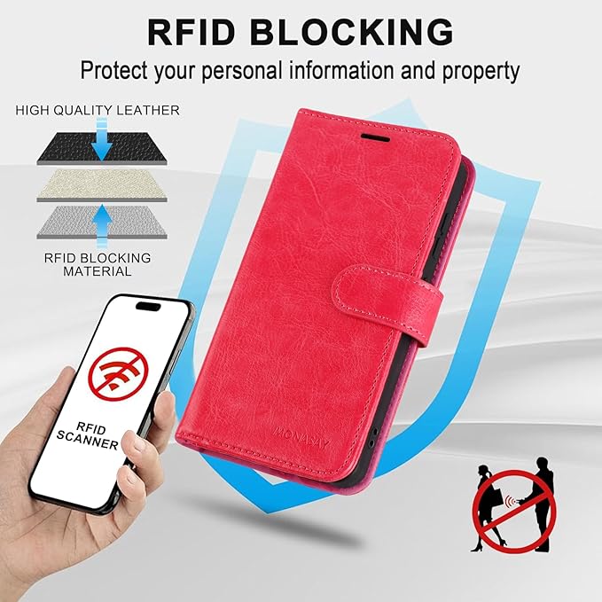 MONASAY Wallet Case Compatible for Galaxy S23+Plus 5G,[RFID Blocking] Flip Folio Leather Cell Phone Cover with Credit Card Holder，6.6 inch, Hot-Pink