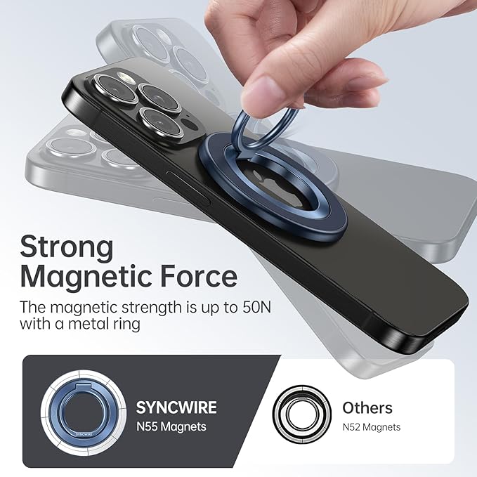 SYNCWIRE Magnetic Phone Ring Holder for MagSafe, 360° Rotation Cell Phone Grip Stand Finger Ring Kickstand Two-Sided Magnet Compatible with iPhone 17 Pro Max 16 15 14 13 12 MagSafe Accessories
