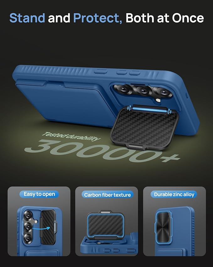 for Samsung Galaxy S25+ Plus Case with Card Holder, Built-in Stand & Camera Lens Cover, Shockproof Rugged Silicone Raised Edge Protective Wallet Phone Case for Samsung S25+ Plus 2025, Blue