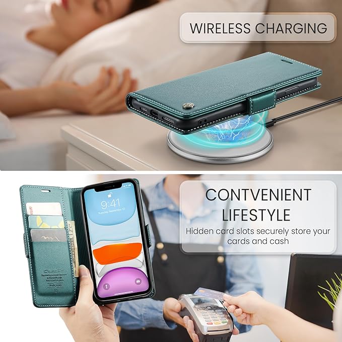 for iPhone 11 Case, Premium PU Leather Wallet Case Flip Cover with [RFID Blocking][Card Holder][Stand Function] Shockproof Protective for iPhone 11, Blue-Green