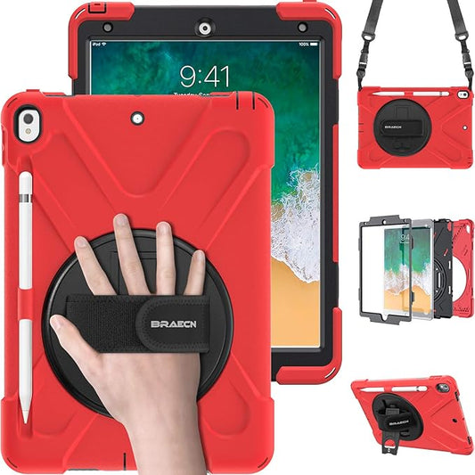 BRAECN for iPad Air 3rd Generation/Pro 10.5''Case with Pencil Holder, Kickstand/Hand Strap & Shoulder Strap,Heavy Duty Protection Childproof Silicone Kids Case for iPad AIir 3 2019/Pro 10.5 inch-Red