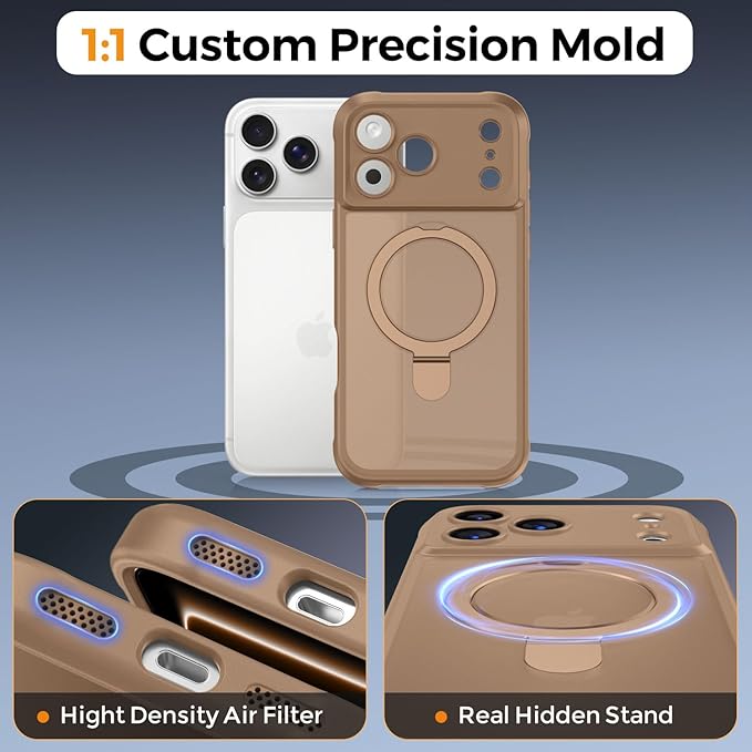 MOCCA Compatible with iPhone 17 Pro Max Case with Magnetic Invisible Stand [Full Camera Protection] [Compatible with Magsafe] Military Drop Shockproof Translucent Matte Phone Case Cover 6.9",Brown