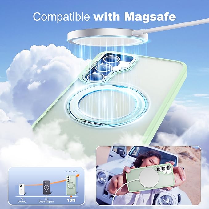 for Samsung Galaxy S23 FE Case with 360° Rotatable Magnetic Ring Stand Compatible with Mag-Safe Military Protection Shockproof Matte Translucent Phone Cases for S23 FE,Green