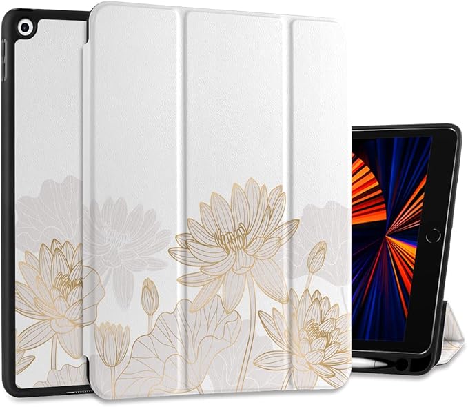 DONGKE Case Compatible with iPad 10.2 Inch 2021 2020 2019 iPad 9th/8th/7th Generation with Pencil Holder, Slim Stand Protective Case with Soft TPU Back, Auto Sleep/Wake Cover, Gold Lotus