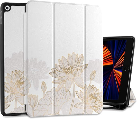 DONGKE Case Compatible with iPad 10.2 Inch 2021 2020 2019 iPad 9th/8th/7th Generation with Pencil Holder, Slim Stand Protective Case with Soft TPU Back, Auto Sleep/Wake Cover, Gold Lotus
