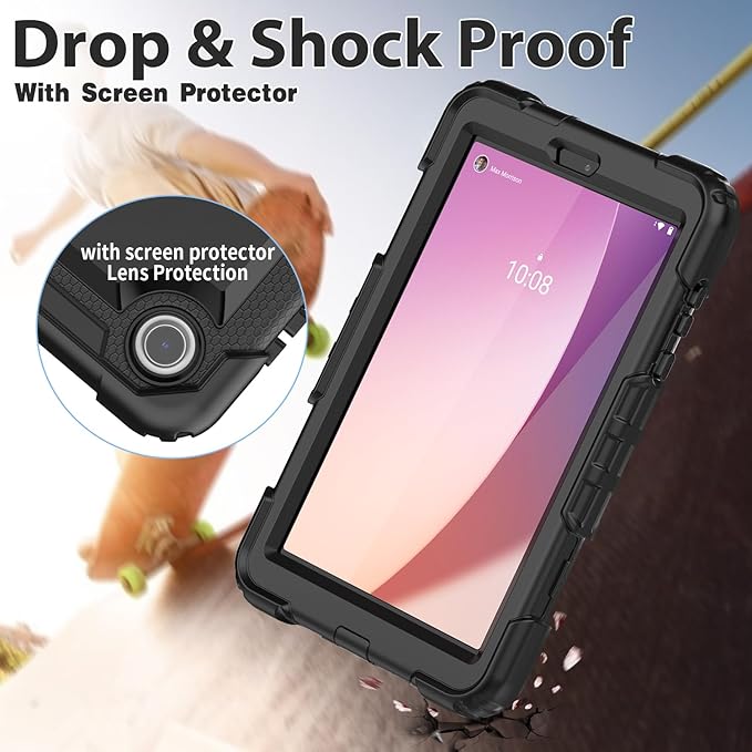 HXCASEAC Case for Lenovo Tab M8 4th Gen 2024/2023 (TB-301FU, TB-300FU), with Screen Protector/Rotating Hand Strap/Sturdy Stand, Protective HD Cover for Lenovo M8 Tablet Case 8 inch, Black