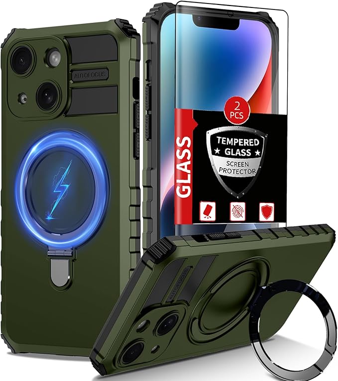for iPhone 14 Case Magnetic Compatible with MagSafe Wireless Charging,with 2 Screen Protectors,Built-in Kickstand Ring,Shockproof Shock-Absorbent Scratch Resistant Heavy Duty Protection Green