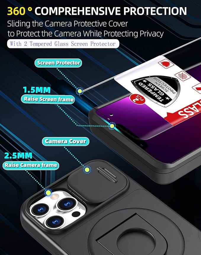 for iPhone 13 Pro Max Case Compatible with MagSafe Magnetic,with 2 Screen Protector,with Camera Cover&360°Kickstand Ring,Military Grade Drop Shockproof Heavy Duty Protection Phone Bumper Black