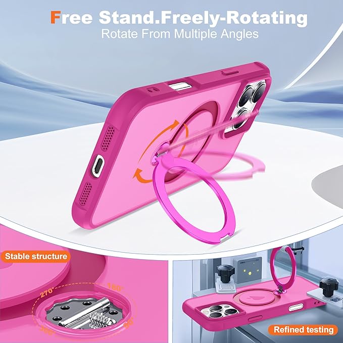 Compatible with iPhone 16 Pro Case with Invisible Magnetic 360°Spin Stand,Military-Grade Shockproof Protection [Compatible with Mag-Safe] Non-Slip Edge Translucent Case (6.3",Hot Pink)