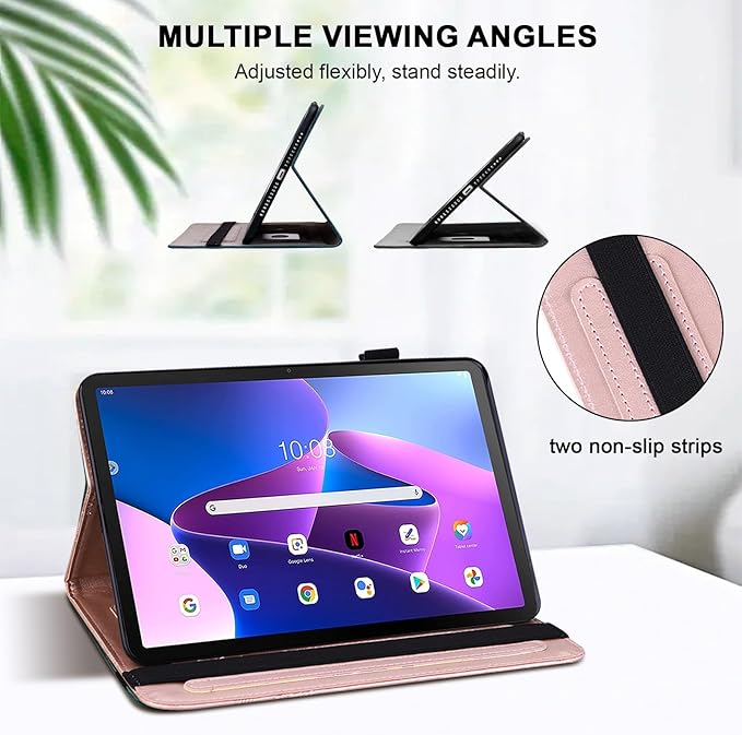 Case for Lenovo Tab M10 Plus 3rd Gen 10.6 Inch 2022 (TB125FU/128FU), Embossed Lace PU Leather Flip Folio Tablet Case with Elastic Band & Card Slots/Holder, Multi-Angle Viewing Stand Cover, Rose Gold