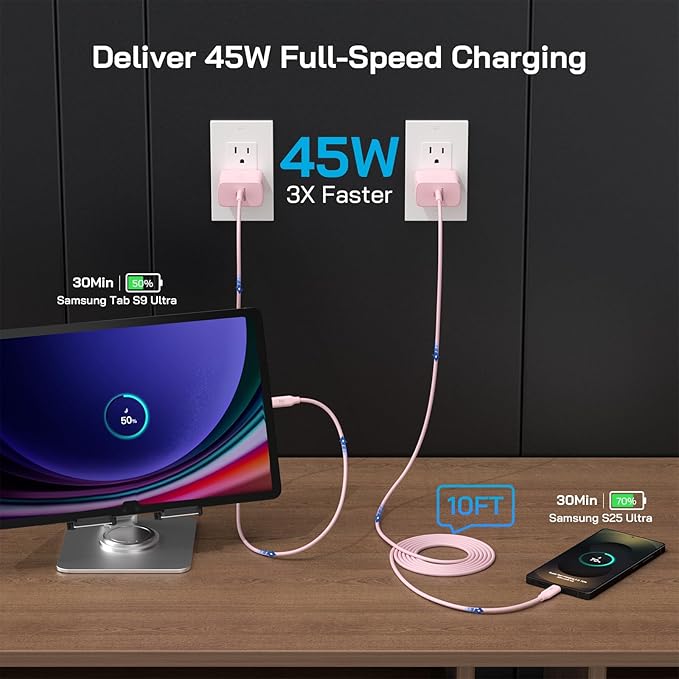 45W Super Fast Charger Type C, [2 Pack] 45 Watt USB-C Charger PD/PPS Wall Charging Block for Samsung Galaxy S25 Ultra/S24/S23 Ultra/S23+/S22 Ultra/S22+/S20 Ultra, Tab S8(Pink, with 2X 10ft Cable)