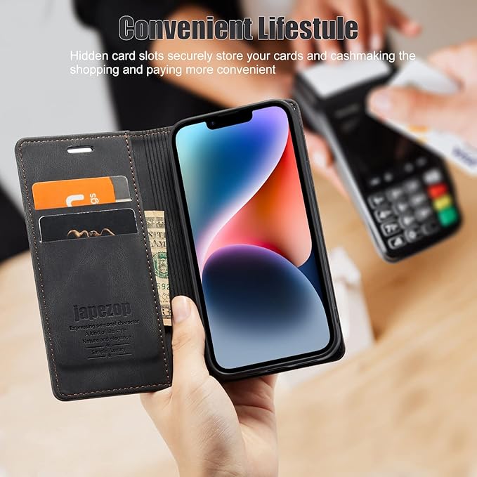 japezop iPhone 14 Case, iPhone 14 Wallet Case with [RFID Blocking] Card Holder Kickstand Magnetic,Leather Flip Case Wallet for iPhone 14 5G 6.1 Inch (Black)