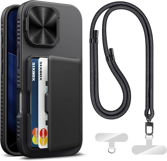 for iPhone 17 Case Wallet with Stand & Phone Lanyard Crossbody (2X Phone Tabs) & Card Holder & Camera Cover, Military Grade Drop Protection Phone Case for iPhone 17 6.3" 2025, Black