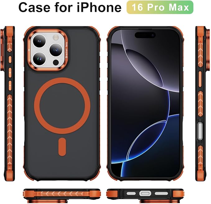 Magnetic for iPhone 16 Pro Max Case Orange with MagSafe Wireless Charging Heavy Duty Military-Grade Shockproof Protection Adjustable Kickstand Slim Matte Anti-Fingerprint Cover Men Women