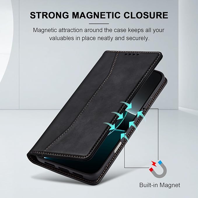 Jasonyu Flip Wallet Case for iPhone 16 Pro,Leather Magnetic Folio Cover with Card Holder,Kickstand - TPU Shockproof Durable Protective Phone Case,Black