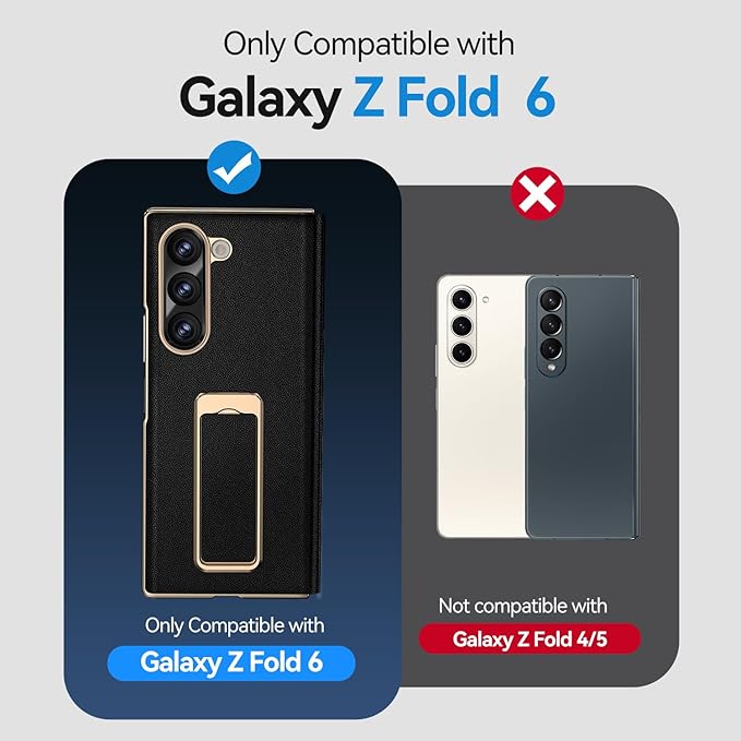 for Samsung Galaxy Z Fold 6 Case with Kickstand,【Military Grade Hinge Protection】【Camera Cover】, Scratch Resistant Shockproof Leather Phone Case for Z Fold 6 Case, Black（Back cover version）