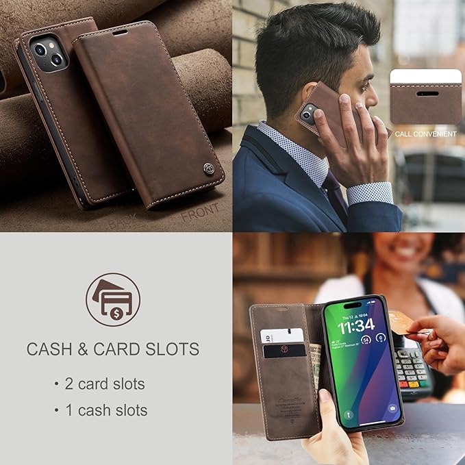 for iPhone 15 Case, Flip Wallet Leather Case with Card Holder Magnetic Closure Shockproof Kickstand Protective Phone Cases Cover for iPhone 15, Coffee