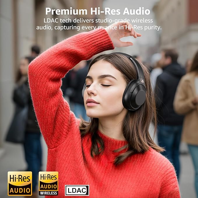 Riibox Y7Pro Hybrid Active Noise Cancelling Headphones, LDAC Hi-Res Audio, 75H Playtime, Deep Bass, Comfort Fit & Foldable Wireless Over-Ear Bluetooth Headphones for Home Office Travel – Black