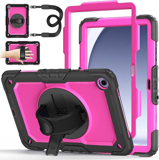 Case for Samsung Galaxy Tab A9+/A9 Plus 11 Inch 2023(SM-X210/X216/X218), Ubearkk Full-Body Drop Protection Case with Screen Protector, 360° Rotating Stand and Hand/Shoulder Strap, Pink