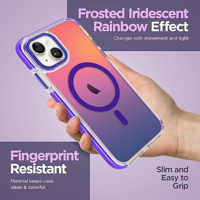 MOWIME Magnetic Case for iPhone 15 [Compatible with Magsafe] [Cute Fashion Fluorescent Design] [1 Screen Protector] Slim Translucent Matte Case for iPhone 15 6.1" 2023, Purple