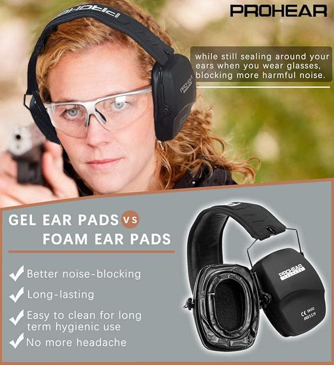 PROHEAR 016-GEP02 Shooting Ear Protection Safety Muffs with Gel Ear Seals with groove, NRR 26dB Noise Reduction Slim Low Profile Passive Earmuffs, Folding Hearing Protector for Airsoft, Hunting