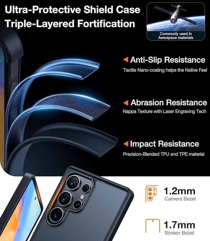 TORRAS Shockproof for Samsung Galaxy S25 Ultra Case, 12FT Military-Grade Protection, Slim Case for Samsung S25 Ultra Case, Matte Translucent Black, Thin, 6.9'' Guardian Series