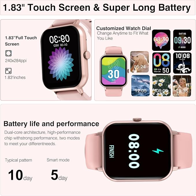 Smart Watch for Men Women Compatible with IOS Android Phone, 1.83" Full Touchscreen IP68 Waterproof Smart Watches,Fitness Tracker with Make/Recive Call 123+ Sport Modes Heart Rate/Sleep Monitor,Pink
