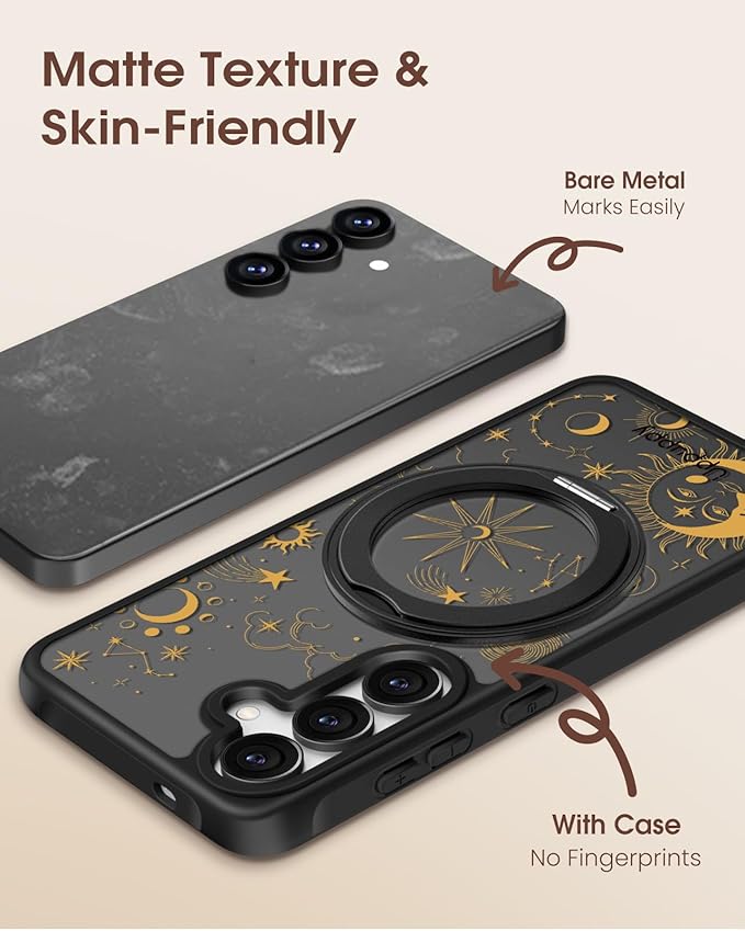 for Samsung Galaxy S25 Case with 360° Rotatable Magnetic Ring - Compatible with MagSafe, Semi-Transparent Soft-Touch Material Shockproof, Cute Sun Moon Star Design for Women Girl