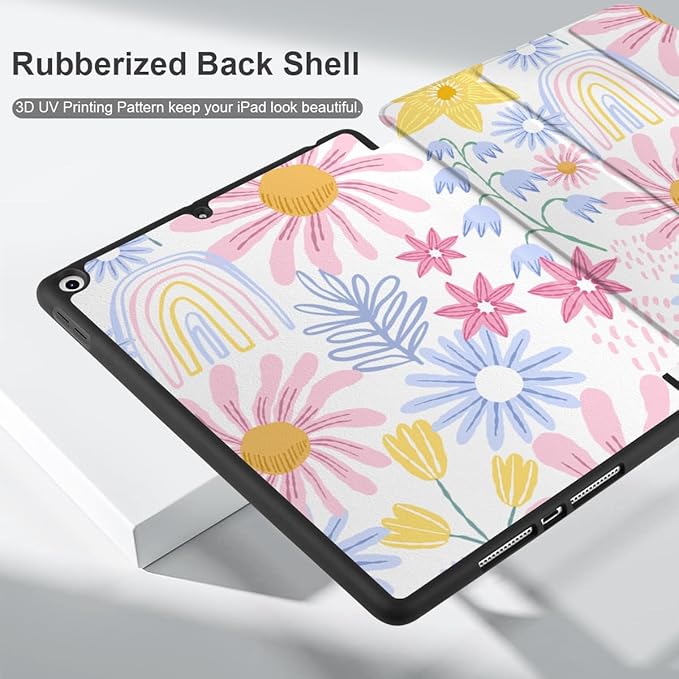 DONGKE Case Compatible with iPad 10.2 Inch 2021 2020 2019 iPad 9th/8th/7th Generation with Pencil Holder, Slim Stand Protective Case with Soft TPU Back, Auto Sleep/Wake Cover, Colorful Florals