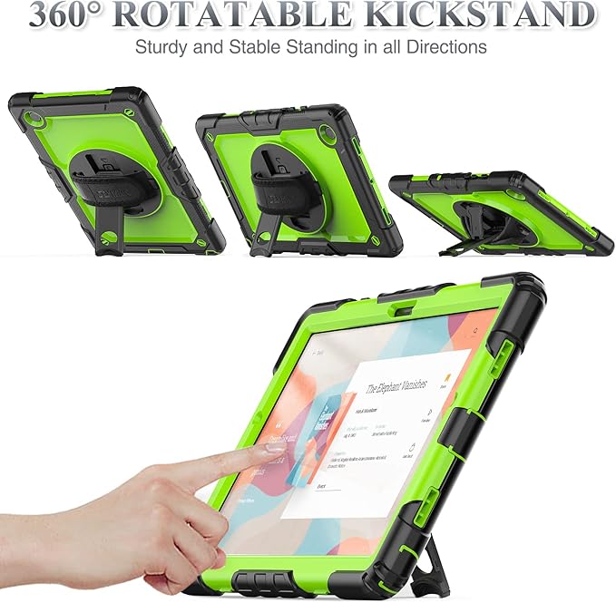 SEYMAC stock Case for Samsung Galaxy Tab A8 10.5'', Full-Body Drop Protection Case with Screen Protector Pencil Holder [360° Rotating Hand Strap] &Stand, Green+Black
