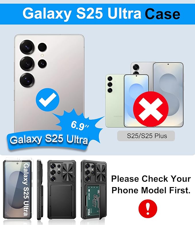 for Samsung Galaxy S25 Ultra Case with Tempered Glass Screen Protector, Wallet Card Holder (4-5 Card), Slide Camera Cover, Military Grade Protection, Heavy Duty Case for Samsung S25 Ultra, Black