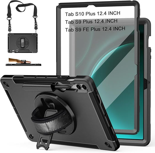 Case for Galaxy Tab S10 Plus/S9 FE Plus/S9 Plus 12.4 INCH: TPU Cover for Samsung Tablet Tab S10+/S9 FE+/S9 + 12.4" 5G W/Screen Protector - Stand- Handle- Shoulder Strap- S-Pen Holder- Black