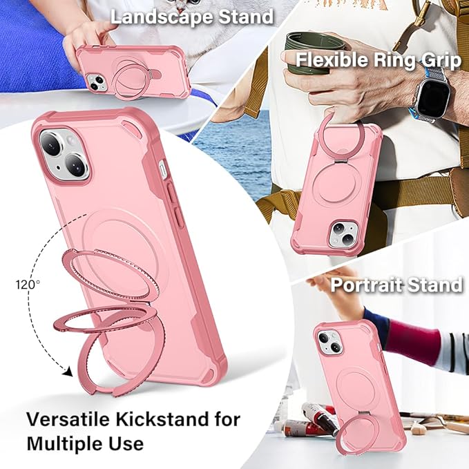 Designed for iPhone 13 Case with Magnetic Stand [Military Drop Protection][Compatible with Magnet] Shockproof 13 Phone Case with Ring Holder, Pink
