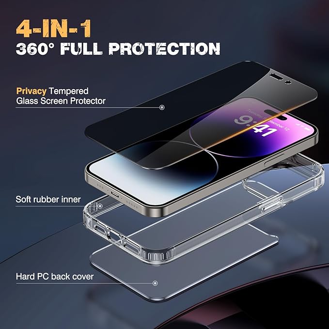 Diaclara Designed for iPhone 14 Pro Case, [with Privacy Screen Protector] [Anti Spy] [Military Grade Drop Protection] Heavy Duty Full-Body Shockproof Phone Case, Clear