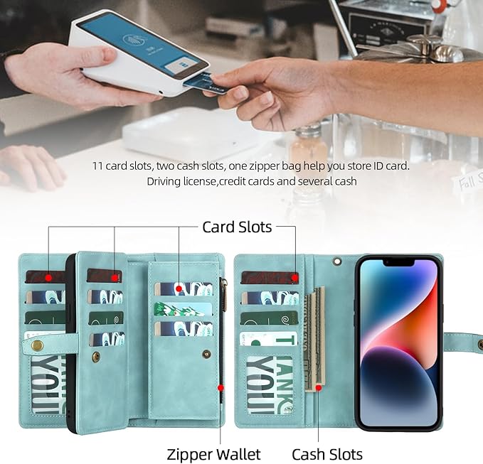 TwoHead Designed for iPhone 13 Wallet Case with Card Holder,Detachable Magnetic Phone Case with Wallet PU Leather Wallet Phone Case for iPhone 13 Case Wallet for Women/Men with Wrist Strap(Blue)