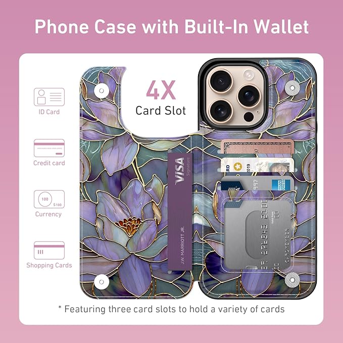 FUNMIKO for iPhone 16 Pro Max Wallet Case with Card Holder, RFID-Blocking, Military-Grade Protection & UV-Printed Artwork, Magnetic Closure with Leather Kickstand - Dreamy Lotus