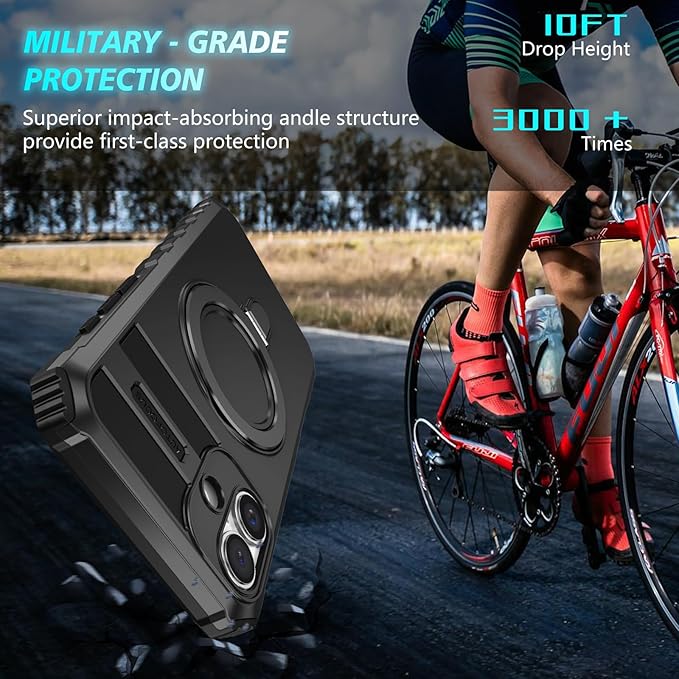 for iPhone 16 Plus Case Magnetic Compatible with MagSafe Wireless Charging,with 2 Screen Protector,with Kickstand Ring Shockproof Shock-Absorbent Heavy Duty Protection Scratch Resistant Black