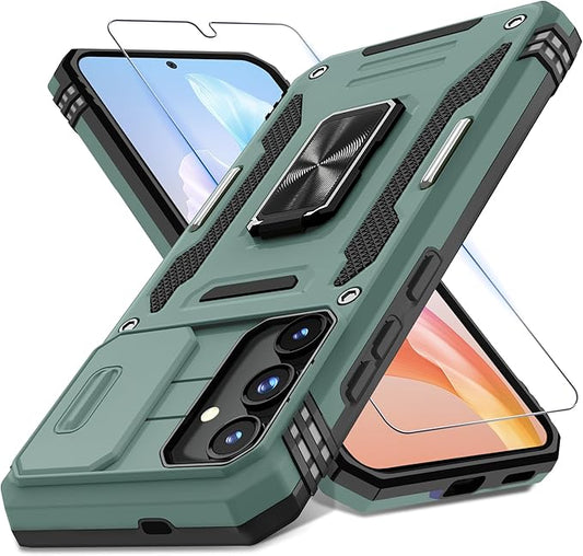 DEERLAMN Case for Samsung Galaxy S24+ Plus with Slide Camera Cover+Screen Protector (1 Pack), Rotated Ring Kickstand Military Grade Shockproof Protective Cover-Green