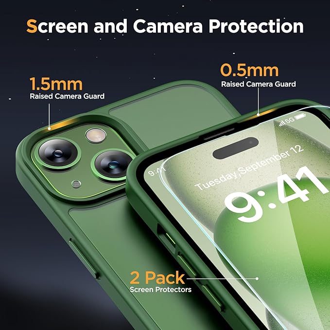 Miracase Magnetic for iPhone 15 Plus Case 6.7 inch (Compatible with MagSafe)（with 2X Screen Protectors） Military-Grade Protection, Anti-Fingerprint Translucent Matte Phone Cover, Dark Green