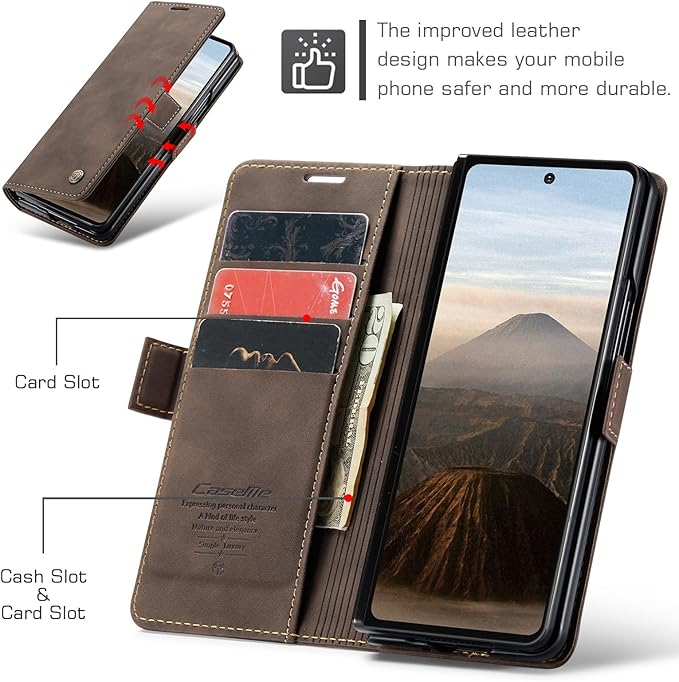 Wallet Case for Samsung Galaxy Z Fold 7 Leather Wallet Flip Cover with Card Holder, Kickstand, Magnetic Closure, RFID Blocking TPU Shockproof Phone Case Compatible with Galaxy Fold 7, Coffee