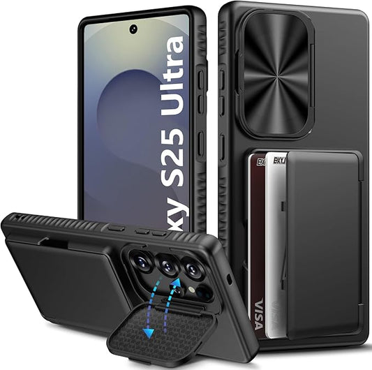 for Samsung Galaxy S25 Ultra Wallet Case with Credit Card Holder (4-5 Cards), Camera Cover Stand & Military Grade Protection, Heavy Duty Men Women Phone Case for Samsung S25 Ultra 6.9", Black